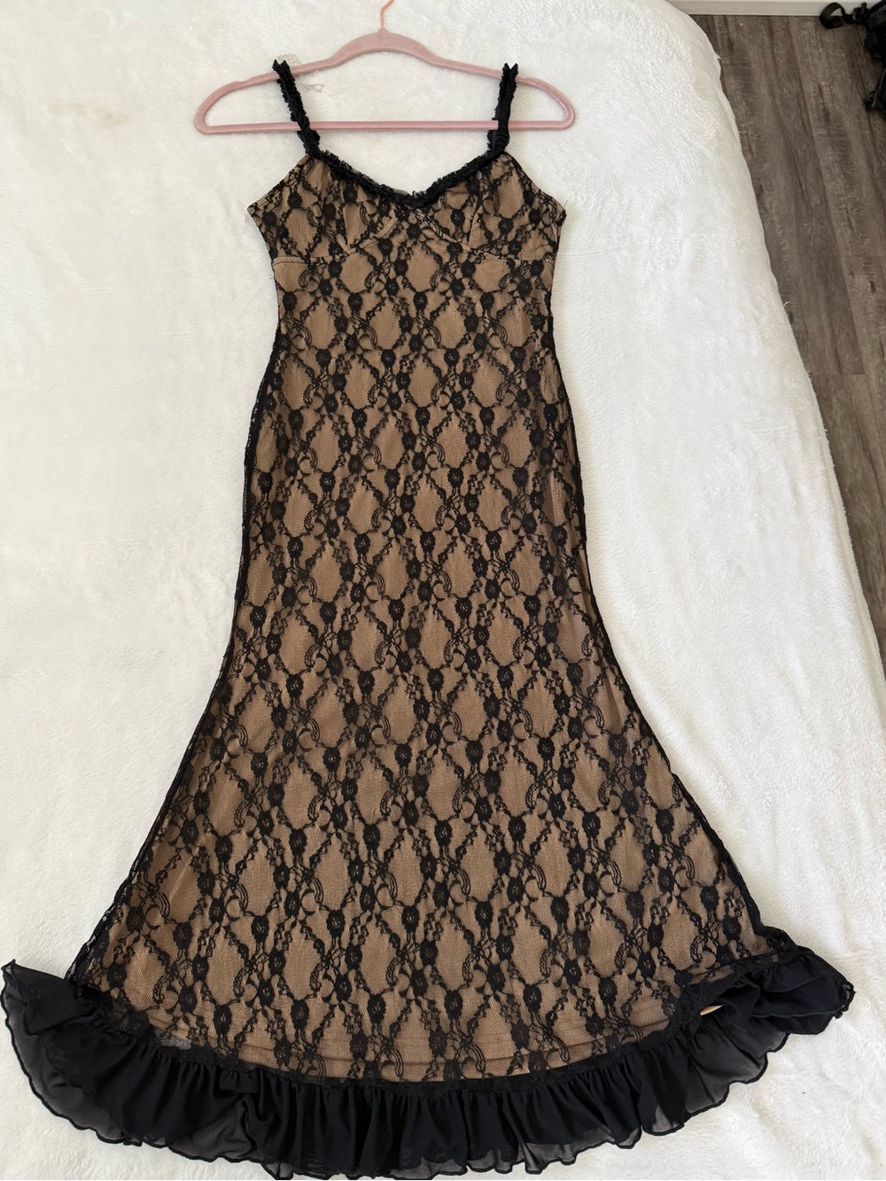 Cider Black Lace Sheer Midi Dress Nude Lining Ruffle Hem Y2K Slip Size S - Picture 7 of 9